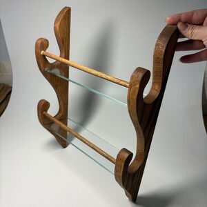 Vintage Wood Spice Rack Trinket Shelf Mid Century Kitchen Decor Glass Shelves
